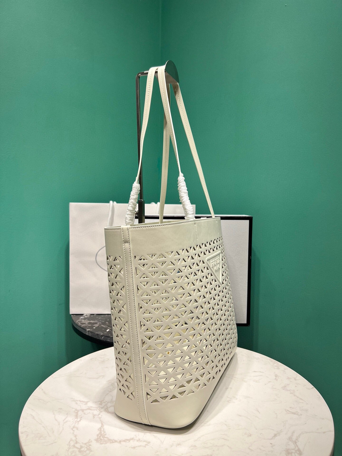 Prada Large Perforated Leather Tote Bag Handbag White 1BG503